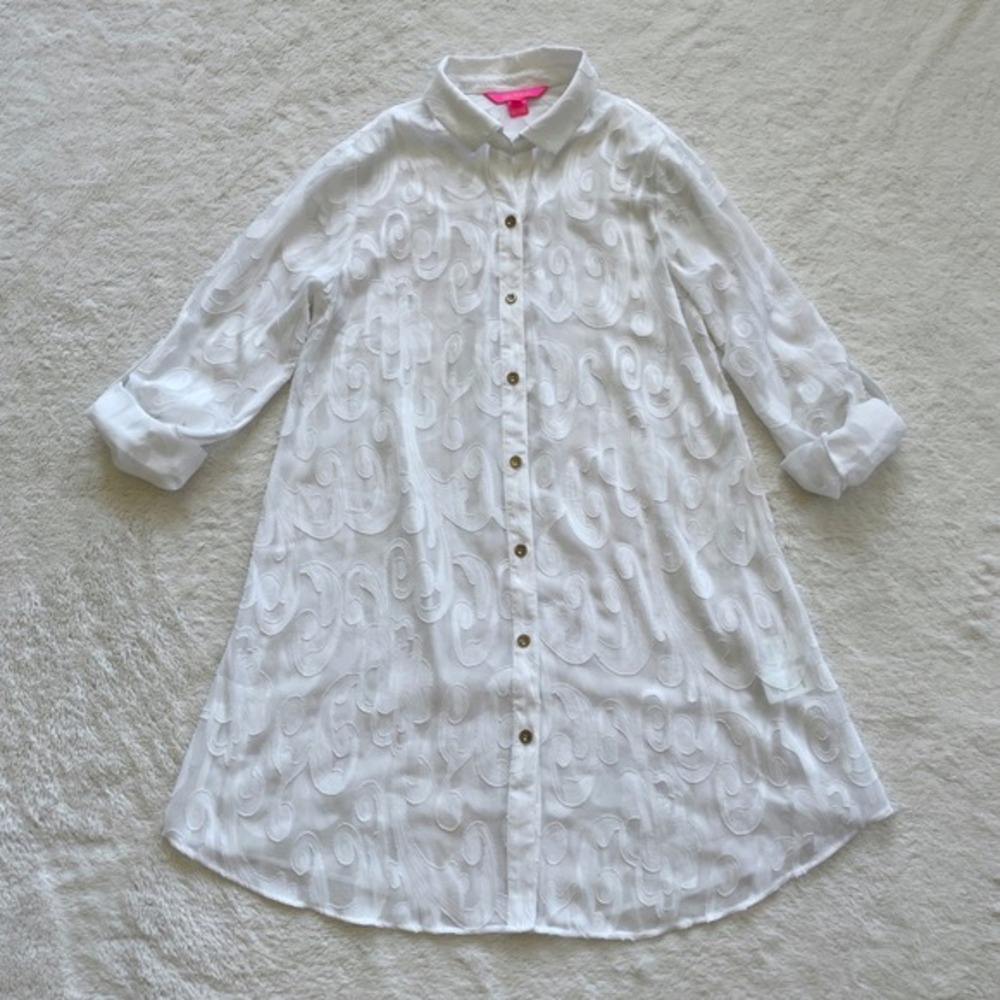 Lilly‎ Pulitzer Natalie Shirt Dress Coverup White Textured Swirl Fil Coupe XS